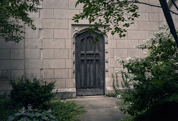 Weathered wooden church door surrounded by leaves and ivy