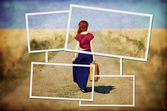 Redhead girl with suitcase at countryside road near wheat field. Photo in old color image style qwith frames.