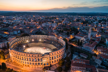 Aerial photo of Roman Colosseum in Pula, Croatia at night