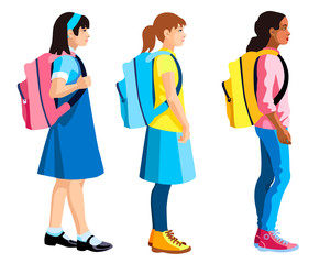 Obraz premium three isolated figures of girls standing with school backpacks