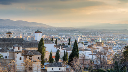 Cityscape at sunset of Granada, Spain