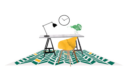 vector interior design watercolor illustration. office study picture. chair, desk and lamp. cute drawing. furniture. 