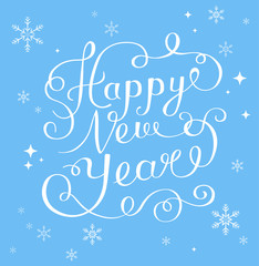 Blue Happy New Year card with snowflakes.