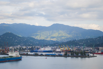 Fototapeta na wymiar Industrial cranes in Batumi seaport
