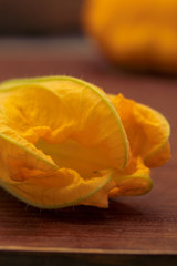 Yellow flower with delicate thin petals on wooden background, vertical frame.