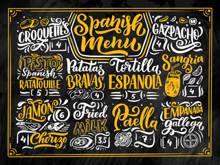Freehand sketch style drawing of spanish menu with different food names, various elements and hand written lettering. Chalkboard design. Detailed illustration isolated on background
