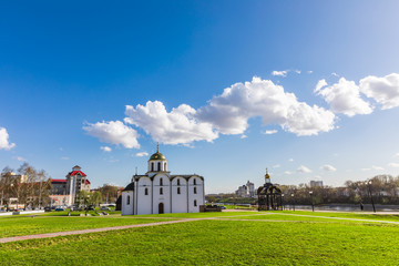 Fototapeta na wymiar Square of the Millennium of Vitebsk and the Annunciation Church with a bell tower, Vitebsk, Belarus 