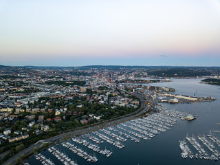 Sunset aerial view on Central Oslo and Skoyen area in Oslo, Norway