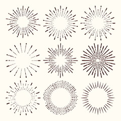 Set and collection of trendy hand drawn retro sunburst/bursting rays design elements.