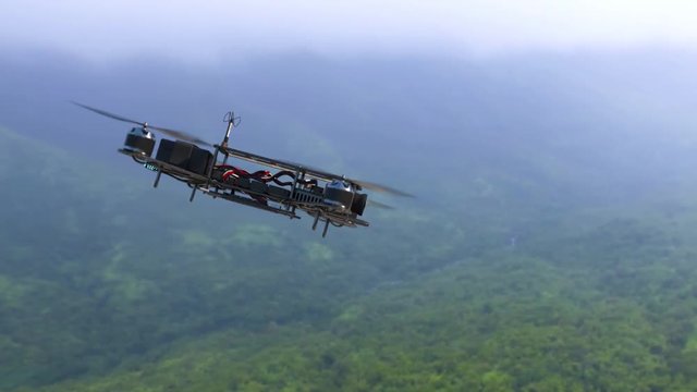 An aerial view of a racing drone flies above a tropical island.