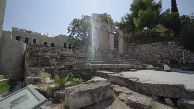 Gimbal tracking shot walkthrough of Roman Agora Ruins in Athens, Greece