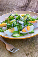 Dietary salad with chicken eggs, green onions, cucumbers and yogurt