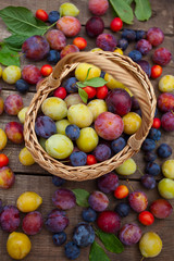 variety of plums on wooden surface