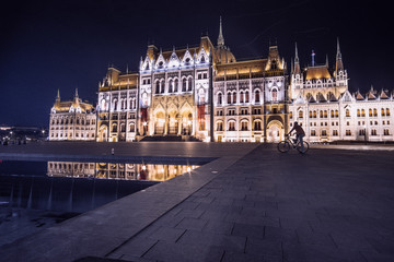 Fototapeta premium Budapest Parliament reflecting on the water at night