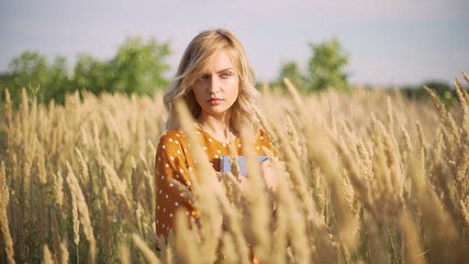 Beautiful happy young woman in field of spikelets and wheat with book on the sunset, blonde in the...