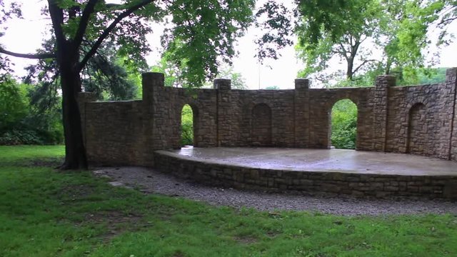 An old building with a stage