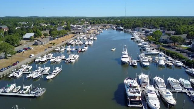 Flying Over the Crowded Docks at Falmouth Harbor in Massachusetts on a Sunny Summer Day