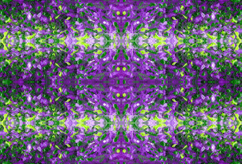 Abstract motley and colorful pattern. Fabulous flowers and plants. Embossed texture of oil paint. Atmosphere of magic. Oil painting on canvas.