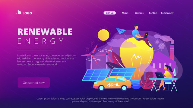 People around huge lamp analyzing power data. Renewable energy landing page. Power saving, smart grid energy, system modelling, IoT and smart city. Vector illustration on ultraviolet background.