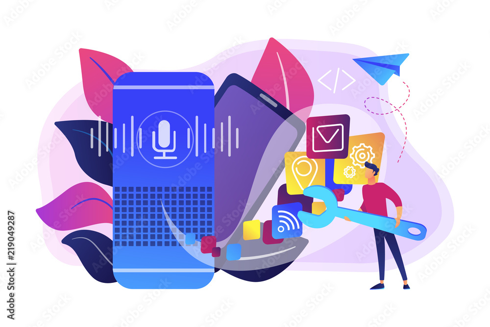 Poster smart speaker with apps icons and developer with wrench. smart assistant applications, voice applica