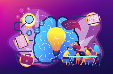 Business team working on project. Project management, business analysis and planning, brainstorming and research, consulting and motivation concept, violet palette. Vector isolated illustration.