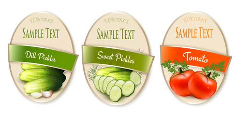 Set of labels with ecological tomato and pickles isolated. Vector illustration