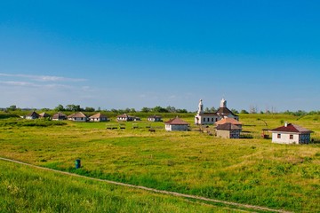 Obraz premium Russia nature landscape photography. Autumn sunset, outdoor nature of Russia. Fantastic sunset over lake near green meadow. Autumn nature sunset, Russia.