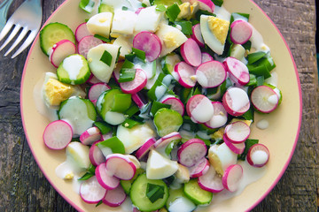 Dietary salad with chicken eggs, radishes, green onions, cucumbers and yogurt, salad with fresh vegetables on a plate, vegetarian. Healthy food. Vegetable Salad.