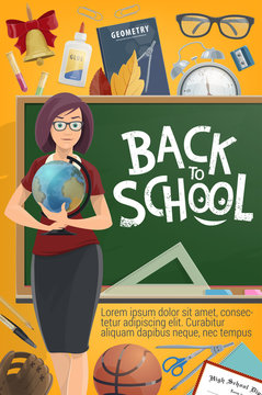 Teacher and Back to School on blackboard poster