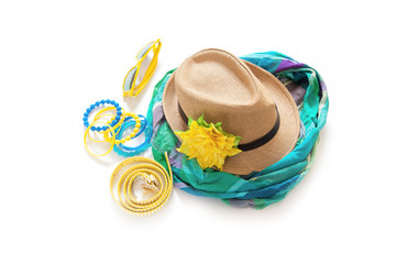 Suede shoes, hat, sunglasses, jewelry and scarf. Turquoise and aquamarine colors. White background.