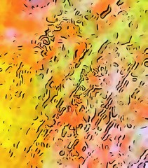 Abstract acrylic background. Watercolor texture. Psychedelic crazy art. Unusual design pattern. Warm and very bright colors. Surrealism painting style. Soft backdrop and chaotic lines.