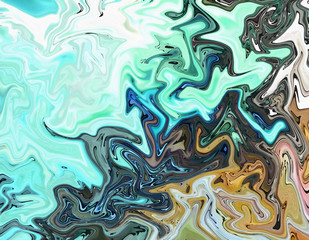 Abstract crazy swirl background. Liquid paint texture in expressionism style. Marble creative backdrop. Graphic fantasy modern fluid drawing. Marbled design with vortex elements. Bright warm colors. 