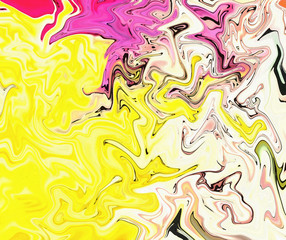 Abstract crazy swirl background. Liquid paint texture in expressionism style. Marble creative backdrop. Graphic fantasy modern fluid drawing. Marbled design with vortex elements. Bright warm colors. 