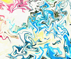 Abstract crazy swirl background. Liquid paint texture in expressionism style. Marble creative backdrop. Graphic fantasy modern fluid drawing. Marbled design with vortex elements. Bright warm colors. 