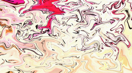 Abstract crazy swirl background. Liquid paint texture in expressionism style. Marble creative backdrop. Graphic fantasy modern fluid drawing. Marbled design with vortex elements. Bright warm colors. 