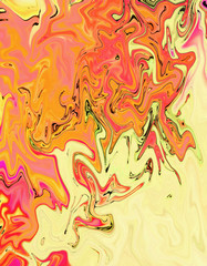 Abstract crazy swirl background. Liquid paint texture in expressionism style. Marble creative backdrop. Graphic fantasy modern fluid drawing. Marbled design with vortex elements. Bright warm colors. 