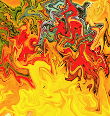 Abstract crazy swirl background. Liquid paint texture in expressionism style. Marble creative backdrop. Graphic fantasy modern fluid drawing. Marbled design with vortex elements. Bright warm colors. 