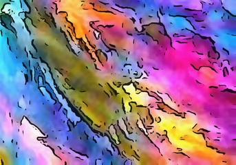 Chaotic lines on soft background in cartoon style. Abstract art in very bright juicy colors. Surreal painting texture. Psychedelic modern art. Warm saturated backdrop. Funny style crazy artwork.