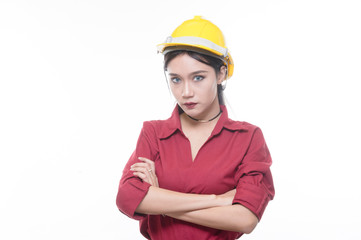 Engineering woman in red shirt with yellow safety helmet in Studio light, occupation concept.