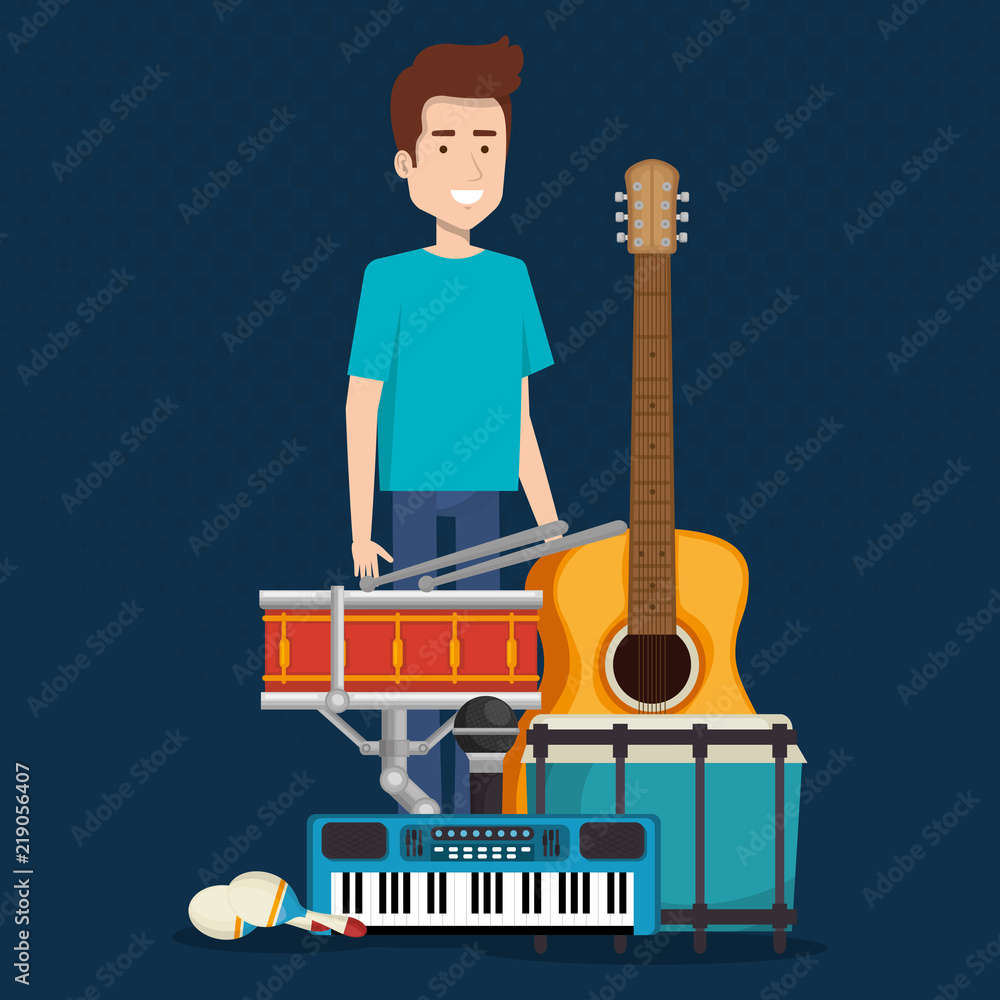Poster man playing drum and instruments vector illustration design