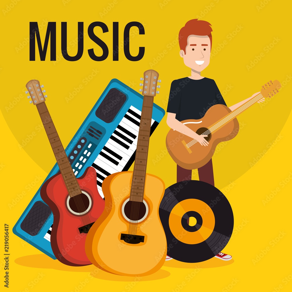 Poster man with synthesizer musical and instruments vector illustration design