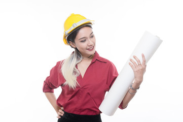 Beautiful engineering woman holding blue print with smiley face in red shirt and yellow helmet with white background