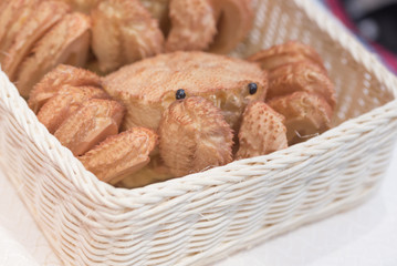 Japanese Hairy crab or kegani in bucket, selective focus