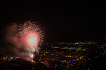 Celebration of bilbao parties with fireworks, Spain