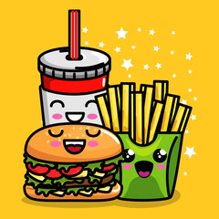 burger and french fries with soda kawaii character