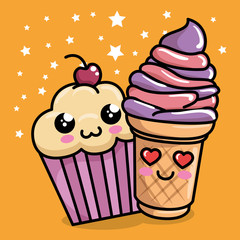 sweet cupcake with ice cream kawaii character