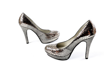 Silver elegant party winter high heel ankle shoes with zipper isolated white