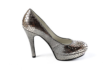 Fototapeta premium Silver elegant party winter high heel ankle shoes with zipper isolated white