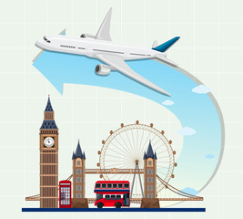 England landmarks with airplane