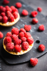 Rasberry cake decorated with fresh ripe berries on the rustic background. Selective focus. Shallow depth of field.
